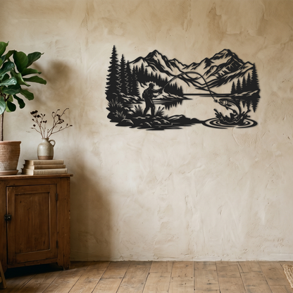 Fly Fishing Mountain Lake Scene Nature Wall Art
